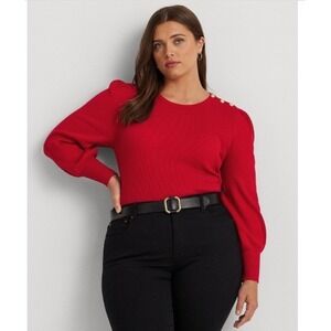 Lauren Ralph Lauren Red Puff Sleeve Heritage Sweater Gold Button Detail 3X NWT